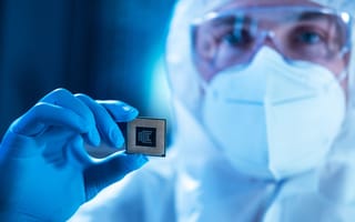 An engineer in protective equipment holds a semiconductor.