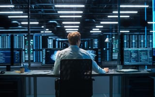 Cybersecurity employee works on a computer in front of a data center.