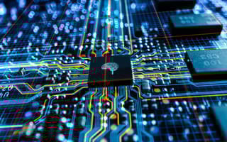 Semiconductor with colored wires running into it.