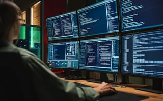 Cybersecurity worker looks at multiple screens of code.