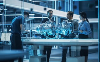 Engineers work on a jet engine set on a table.