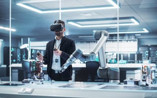 A person controls a robotics arm with VR hardware.