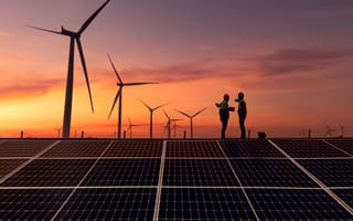 Two people stand a top a solar panel.