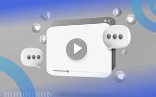 A 3D image of a video player with comment, heart and hashtag bubbles around it.