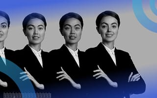 Four similar, photo-realistic AI-generated images of women in business attire