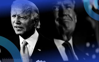 What the Next President’s Economic Policies Will Mean for Tech A photo of President Joe Biden with former President Donald Trump on a screen behind him.