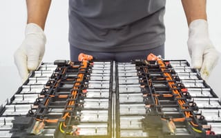 A person holds a tray of lithium-ion batteries.