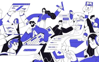 A modern workplace illustration with an array of individuals engaged in tech and communication activities.