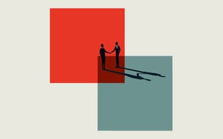 A minimalist illustration of two business professionals shaking hands inside of red and blue overlapping boxes.