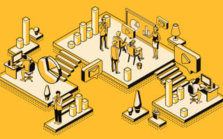 An illustration depicts an office environment with employees engaged in various activities, from analyzing data to discussing strategies.