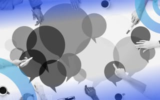 Seven hands pointing at a table filled speech bubbles.