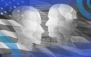 The profiles of two AI-esque blank faces facing each other in front of code superimposed over the American flag.
