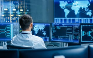 Person views monitors running cybersecurity software.