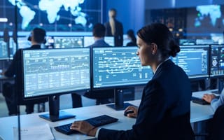 Cybersecurity worker overserves data on a computer screen.