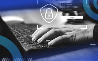 Person typing on laptop with cybersecurity password system overlay