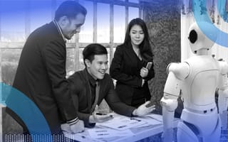 Three business people having a pleasant conversation with an AI robot.