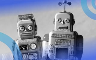 Two toy robots looking angry.