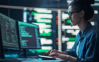 Tech worker writes code on a computer.