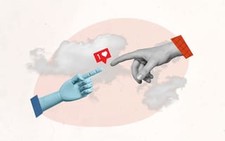 A robot finger and a human finger reaching out to each other, with a social media icon of a heart above them.