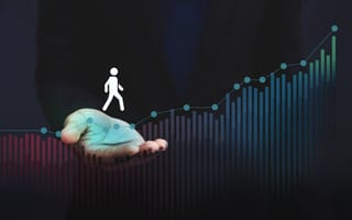 An illustration depicting a person walking along an ascending graph line that is supported in the palm of a hand, symbolizing personal or business growth and support.