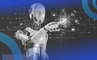 A robot is pointing a finger an image of a padlock.