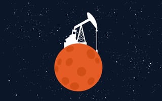 illustration of an oversized drill extracting resources on Mars as seen from a distance, surrounded by stars
