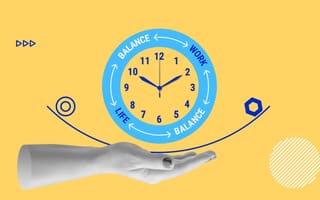 An abstract collage of a hand holding up a clock with the words ‘work’, ‘life’ and ‘balance’ surrounding it.