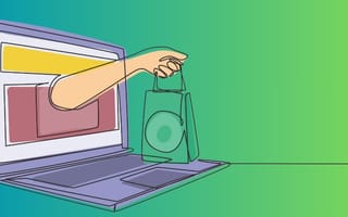 illustration of arm with shopping bag coming out of computer screen