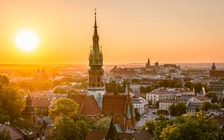 Sunset view of Podgorze district in Krakow, Poland