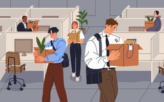 An illustration of laid-off employees leaving an office with a box full of their belongings.