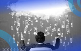 ceo grabbing dollar bills falling from cloud illustration