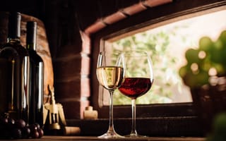 Two glasses of wine sitting on a kitchen counter are pictured.