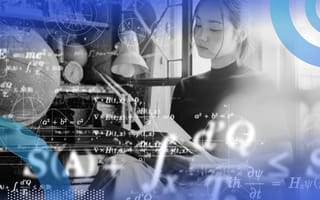A woman sitting and reading a book with formulas superimposed over her.
