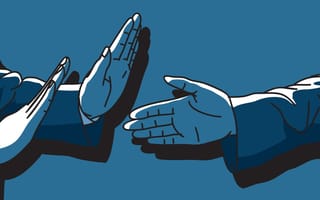 A handshake is rebuffed by hands saying "no."