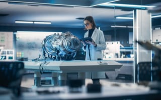 Aerospace engineer works on jet engine.