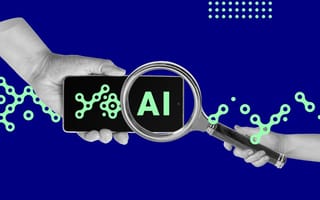 hand with magnifying glass over phone that says AI