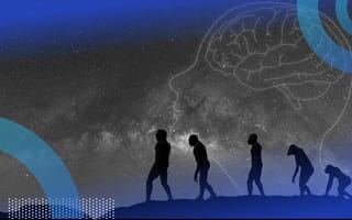 A rendering of the ascent of man in front of a star field with a human brain in it