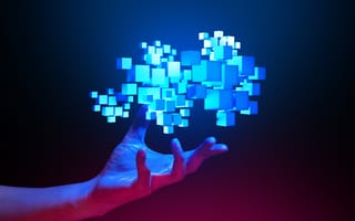 A digital illustration of a cluster of illuminated cubes hovering above a human hand.