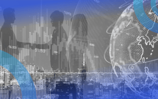 A digital globe with silhouettes of people shaking hands alongside above a city skyline