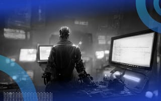 A robot hacker works on several computer terminals