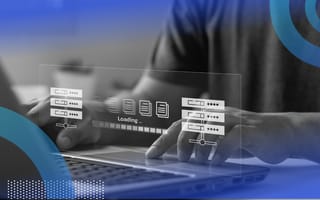 A closeup of a developer working on a laptop with an overlay representing file transfers