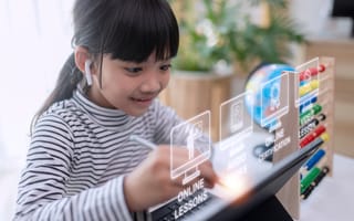 A young girl with dark hair wears earbuds and interacts with a digital illustration representing educational technology tools.