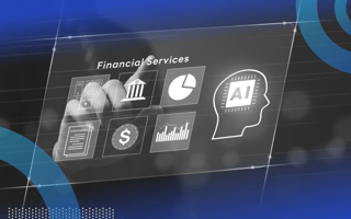 Someone’s finger pointing at a hologram labeled Financial Services with different symbols representing money and a head that says AI.