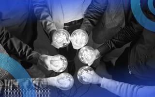 A group of people hold lightbulbs that represent knowledge