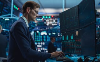 Analyst trades assets at a stock exchange.