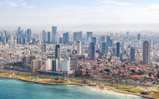 Tel Aviv skyline and Mediterranean Sea.