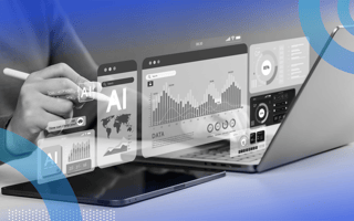 A computer screen is showing images of data charts and AI.