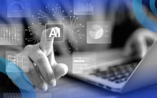 Marketer pressing an AI button with overlay of data and tools