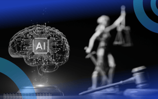 A holographic brain with a computer chip reading AI in its center. The brain is never to a judge’s gavel and in front of a figure holding a sword and scale.
