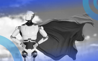An AI robot wearing a hero’s cape blowing in the wind with its hands on its hips and head tilted triumphantly toward the sky.